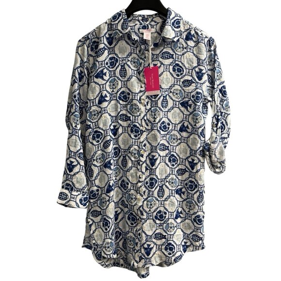 Isaac Mizrahi New York Top Womens M Blue Fish Print Linen Blend Button Shirt - Picture 1 of 8